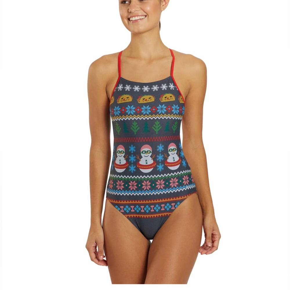Sporti Granny Sweater Snowman Tacos (sz 28) Micro Back One Piece Swimsuit